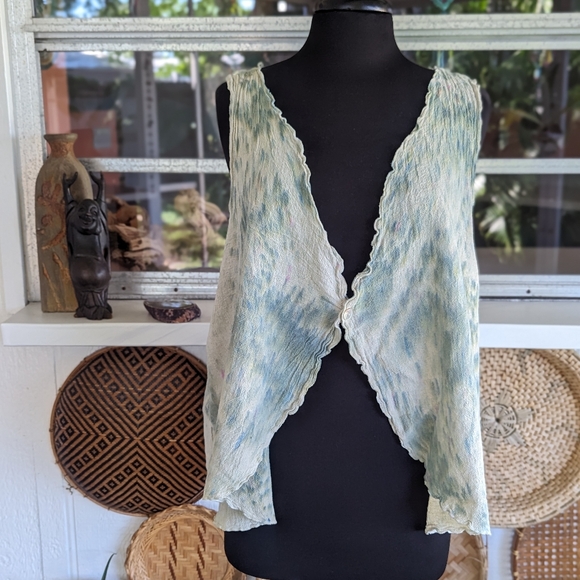 Artsy Tie Dye Gauze Vest Green Hippie Vacation Lagenlook Bohemian Sleeveless - Picture 6 of 11